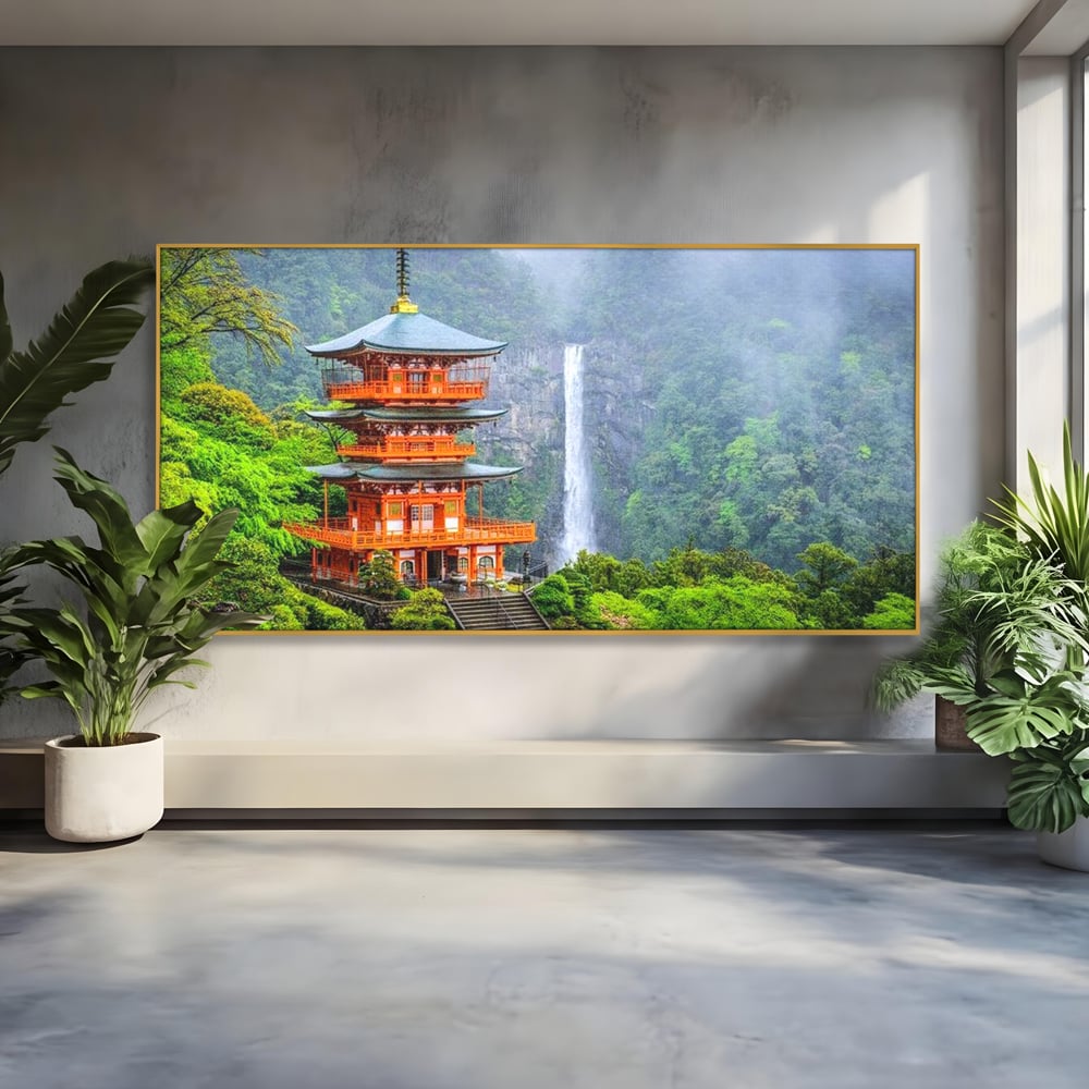 Tablou canvas cu tablou canvas cu pagoda si cascada, in rama de aluminiu auriu